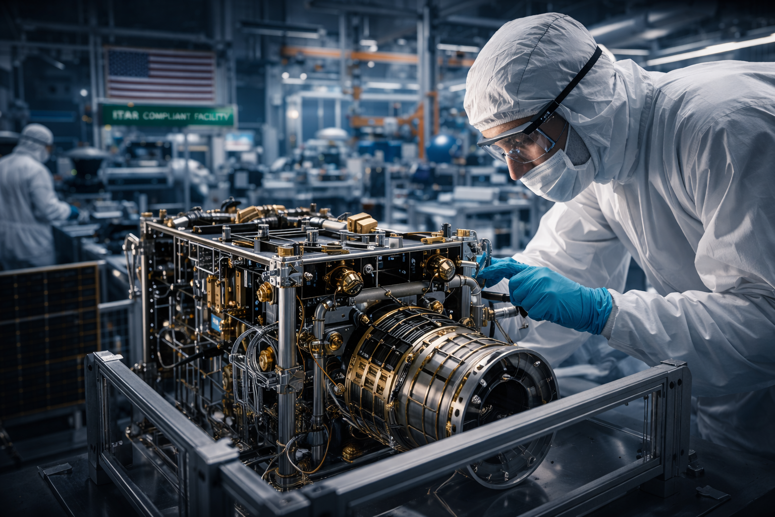 Aerospace technician working on a satellite bus